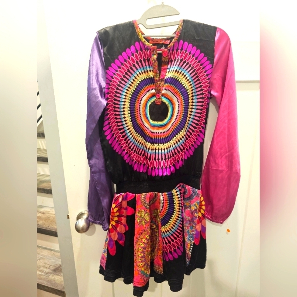 Desigual Girls Long Sleeve Mandala Print Dress Size 13/14 Colorful Boho